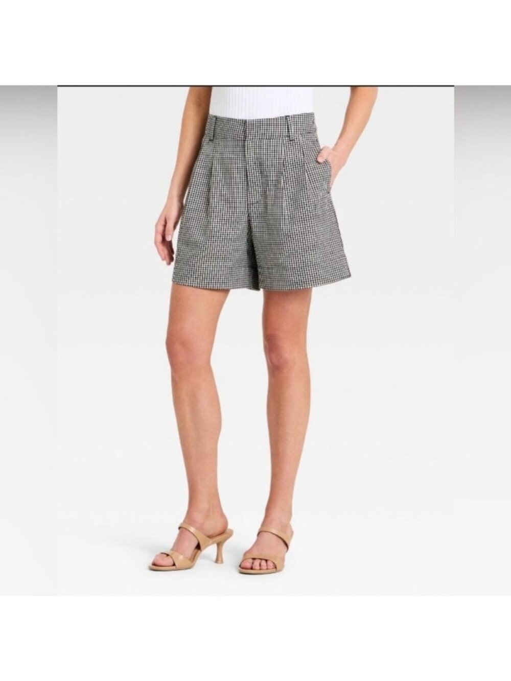 A New Day size 10 Linen Pleated Shorts-Black White Gingham NEW
